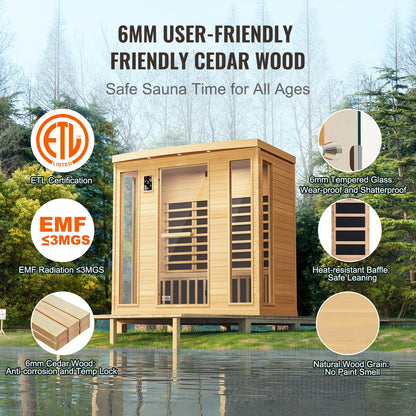 Far Infrared Wooden Sauna Room Home Sauna Spa for 3 to 4 People 2580W