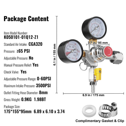 Doppelmanometer-Regler, CO2-Regler-Manometer mit 0–60 PSI, Hochleistungs-CO2-Manometer-Gassystem, Fettbier-Regler mit Rückschlagventil, einstellbarer Druckregler für selbstgebrautes Fettbier, CGA320