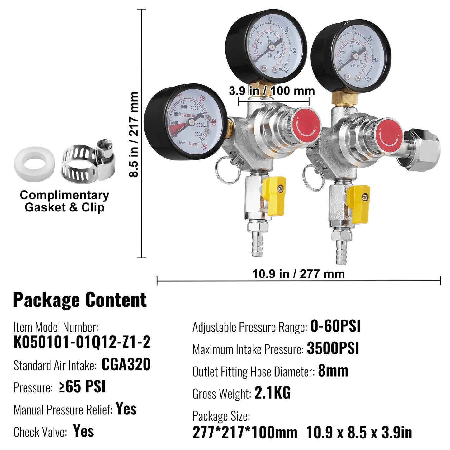 Triple Gauge Regulator, CO2 Regulator Gauge with 0-60PSI, Heavy Duty CO2 Gauge Gas System, Draft Beer Regulator with Check Valve, Adjustable Pressure Regulator for Draft Beer Homebrew, CGA320
