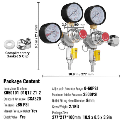 Triple Gauge Regulator, CO2 Regulator Gauge with 0-60PSI, Heavy Duty CO2 Gauge Gas System, Draft Beer Regulator with Check Valve, Adjustable Pressure Regulator for Draft Beer Homebrew, CGA320