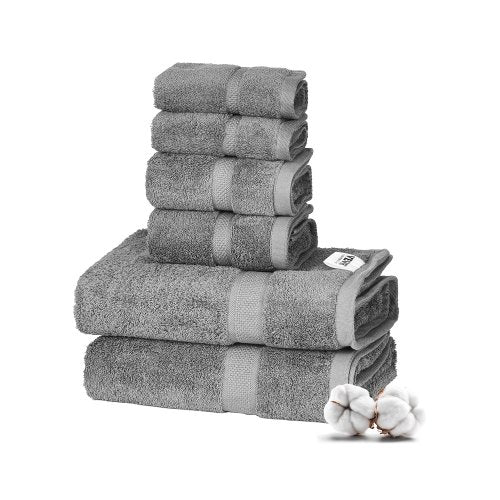 6-Piece Towel Set, 600 GSM 100% Cotton Towels for Bathroom, 2 Bath Towels, 2 Hand Towels and 2 Washcloths, Highly Absorbent & Quick Drying Bathroom Towels for Bathroom, Gym, Hotel, and Spa