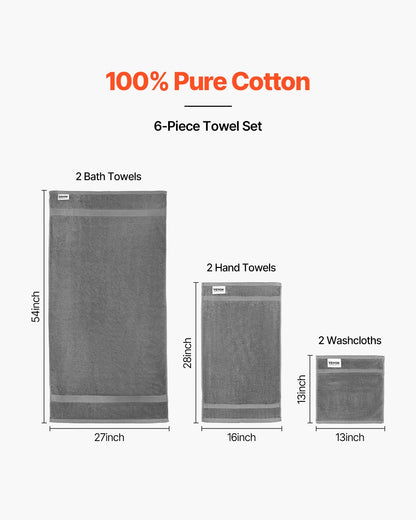 6-Piece Towel Set, 600 GSM 100% Cotton Towels for Bathroom, 2 Bath Towels, 2 Hand Towels and 2 Washcloths, Highly Absorbent & Quick Drying Bathroom Towels for Bathroom, Gym, Hotel, and Spa