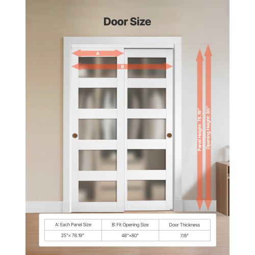 Skjutdörr till garderob, 1219 mm (dubbel 635 mm) x 2032 mm, 5-liters skjutdörrar i frostat glas med beslag, massivt trä och MDF-skiva med vattentät PVC-yta för garderober i sovrum |  EU