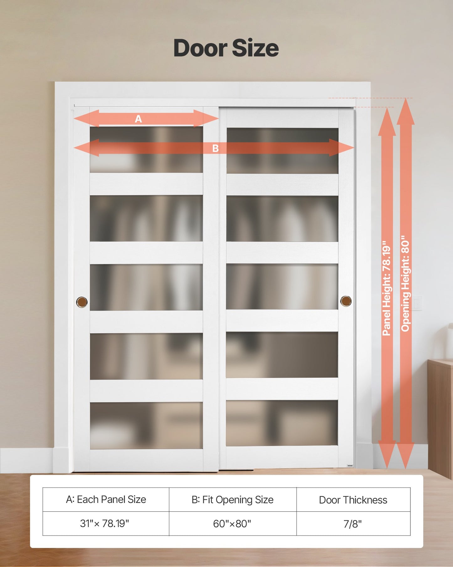 Sliding Closet Door, 60" (Double 31") x 80", 5-Lite Frosted Glass Bypass Sliding Doors with Hardware Kit & Floor Guide, Solid Wood & MDF Slab with Water-Proof PVC Surface for Closets Bedrooms