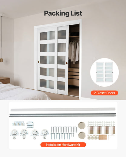 Sliding Closet Door, 60" (Double 31") x 80", 5-Lite Frosted Glass Bypass Sliding Doors with Hardware Kit & Floor Guide, Solid Wood & MDF Slab with Water-Proof PVC Surface for Closets Bedrooms