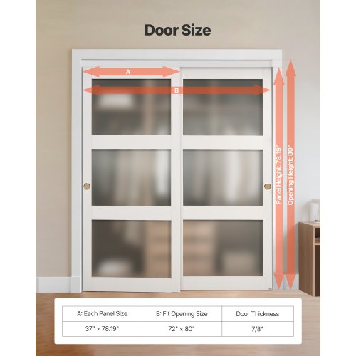 Skjutdörr till garderob, 1829 mm (dubbel 940 mm) x 2032 mm, 3-liters skjutdörrar i frostat glas med beslag, massivt trä och MDF-skiva med vattentät PVC-yta för garderober i sovrum |  EU