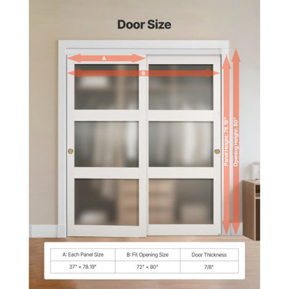 Skjutdörr till garderob, 1829 mm (dubbel 940 mm) x 2032 mm, 3-liters skjutdörrar i frostat glas med beslag, massivt trä och MDF-skiva med vattentät PVC-yta för garderober i sovrum |  EU