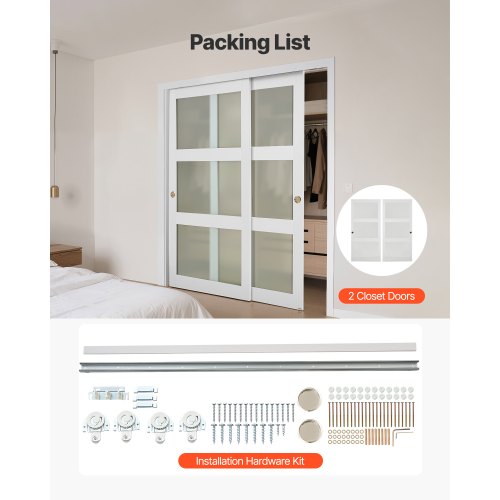 Skjutdörr till garderob, 1829 mm (dubbel 940 mm) x 2032 mm, 3-liters skjutdörrar i frostat glas med beslag, massivt trä och MDF-skiva med vattentät PVC-yta för garderober i sovrum |  EU