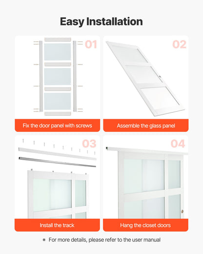 Sliding Closet Door, 72" (Double 37") x 80", 3-Lite Frosted Glass Bypass Sliding Doors with Hardware Kit & Floor Guide, Solid Wood & MDF Slab with Water-Proof PVC Surface for Closets Bedrooms