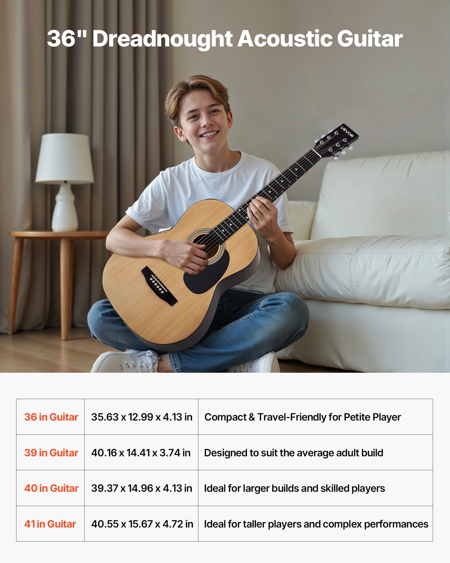 Dreadnought Acoustic Guitar, 36 in, 6-String Natural Solid Top Guitar, Portable Bundle with Gig Bag, Tuner, Strap, Steel Strings, Picks, Capo, Rosewood Fingerboard, for Beginner Teen Small Hands
