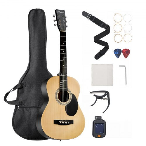 Dreadnought Acoustic Guitar, 39 in, 6-String Natural Solid Spruce Top Guitar, Portable Bundle with Gig Bag, Tuner, Strap, Steel Strings, Picks, Capo, Rosewood Fingerboard, for Beginner Adults