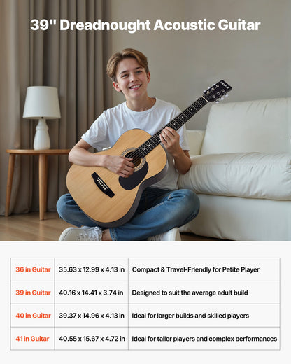 Dreadnought Acoustic Guitar, 39 in, 6-String Natural Solid Spruce Top Guitar, Portable Bundle with Gig Bag, Tuner, Strap, Steel Strings, Picks, Capo, Rosewood Fingerboard, for Beginner Adults