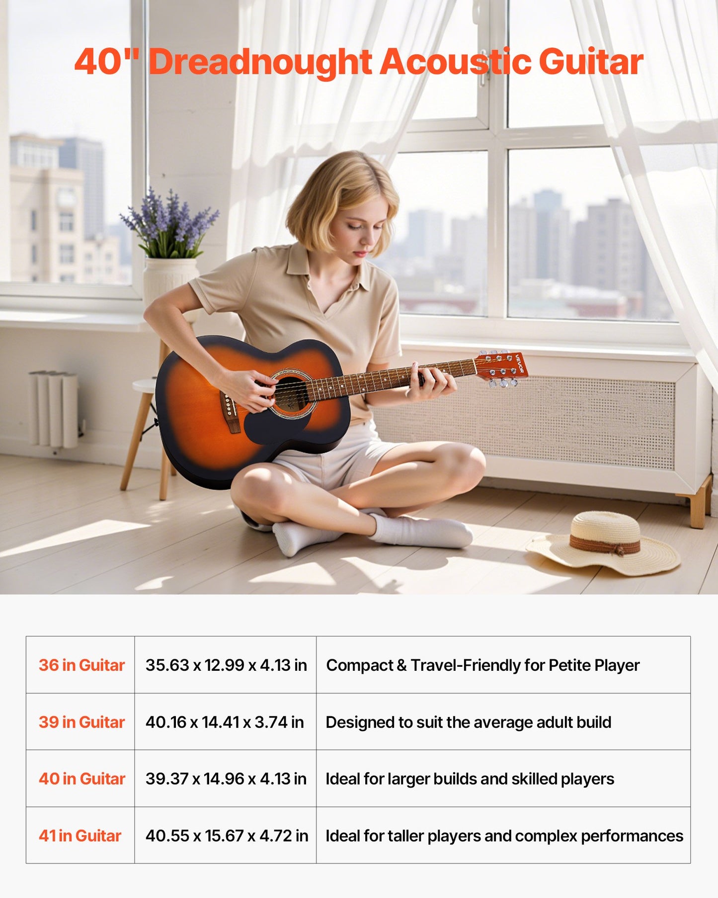 Dreadnought Acoustic Guitar, 40 in, 6-String Sunburst Solid Top Guitar, Beginner Bundle with Gig Bag, Tuner, Strap, Steel Strings, Picks, Capo, Rosewood Fingerboard, for Adults, Skilled Players