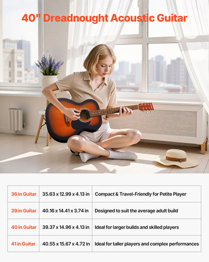 Dreadnought Acoustic Guitar, 40 in, 6-String Sunburst Solid Top Guitar, Beginner Bundle with Gig Bag, Tuner, Strap, Steel Strings, Picks, Capo, Rosewood Fingerboard, for Adults, Skilled Players