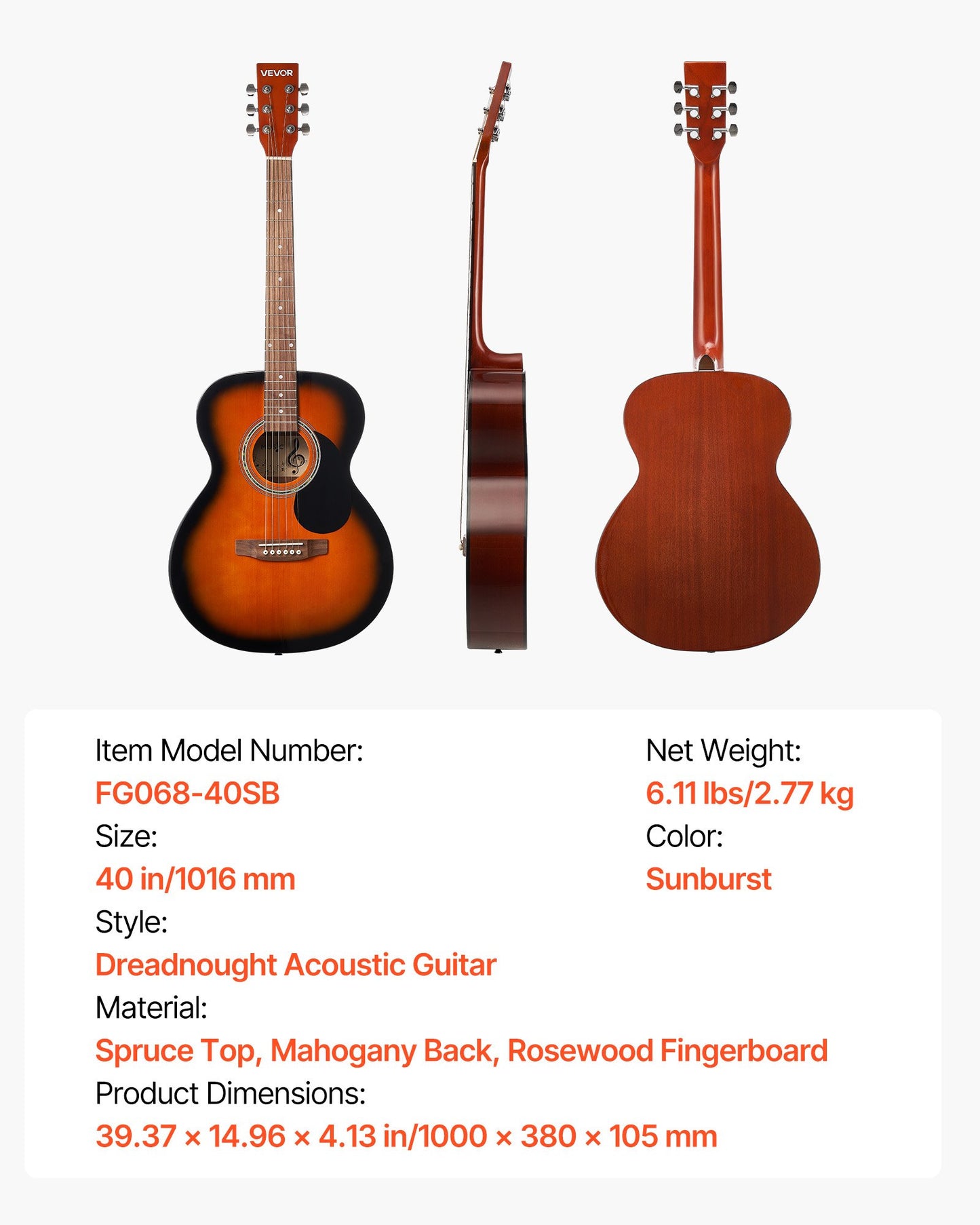 Dreadnought Acoustic Guitar, 40 in, 6-String Sunburst Solid Top Guitar, Beginner Bundle with Gig Bag, Tuner, Strap, Steel Strings, Picks, Capo, Rosewood Fingerboard, for Adults, Skilled Players