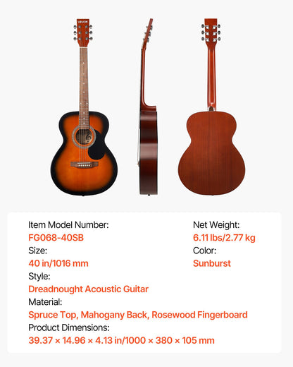 Dreadnought Acoustic Guitar, 40 in, 6-String Sunburst Solid Top Guitar, Beginner Bundle with Gig Bag, Tuner, Strap, Steel Strings, Picks, Capo, Rosewood Fingerboard, for Adults, Skilled Players
