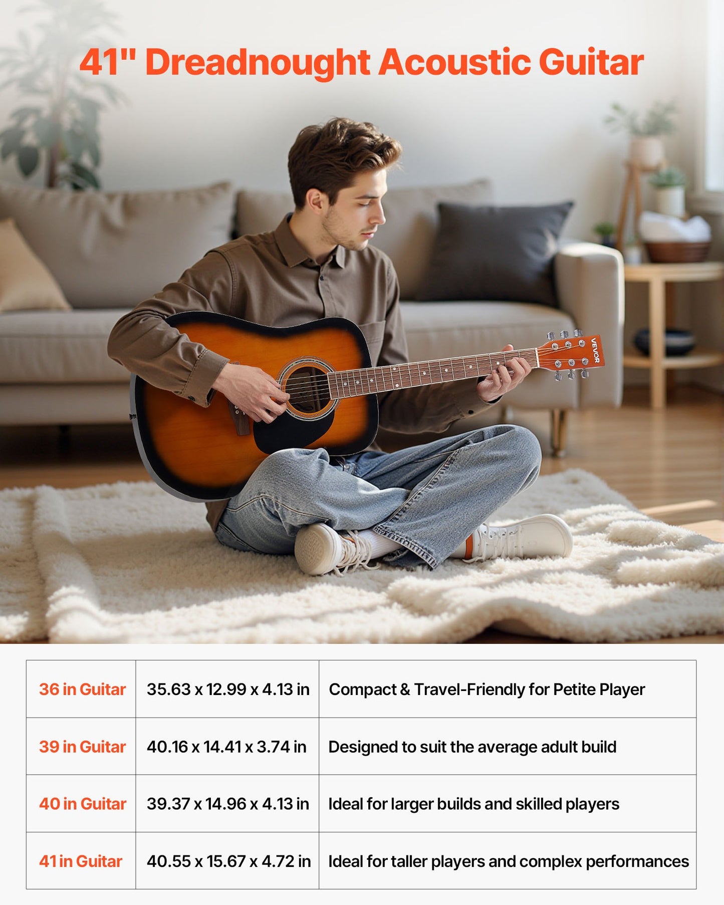 Dreadnought Acoustic Guitar, 41 in, 6-String Sunburst Solid Spruce Top Guitar, Beginner Bundle with Gig Bag, Tuner, Strap, Strings, Picks, Capo, Rosewood Fingerboard, for Adult Taller Player