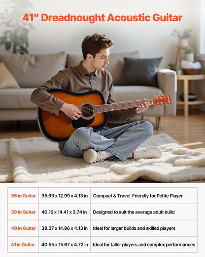 Dreadnought Acoustic Guitar, 41 in, 6-String Sunburst Solid Spruce Top Guitar, Beginner Bundle with Gig Bag, Tuner, Strap, Strings, Picks, Capo, Rosewood Fingerboard, for Adult Taller Player
