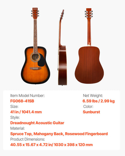 Dreadnought Acoustic Guitar, 41 in, 6-String Sunburst Solid Spruce Top Guitar, Beginner Bundle with Gig Bag, Tuner, Strap, Strings, Picks, Capo, Rosewood Fingerboard, for Adult Taller Player