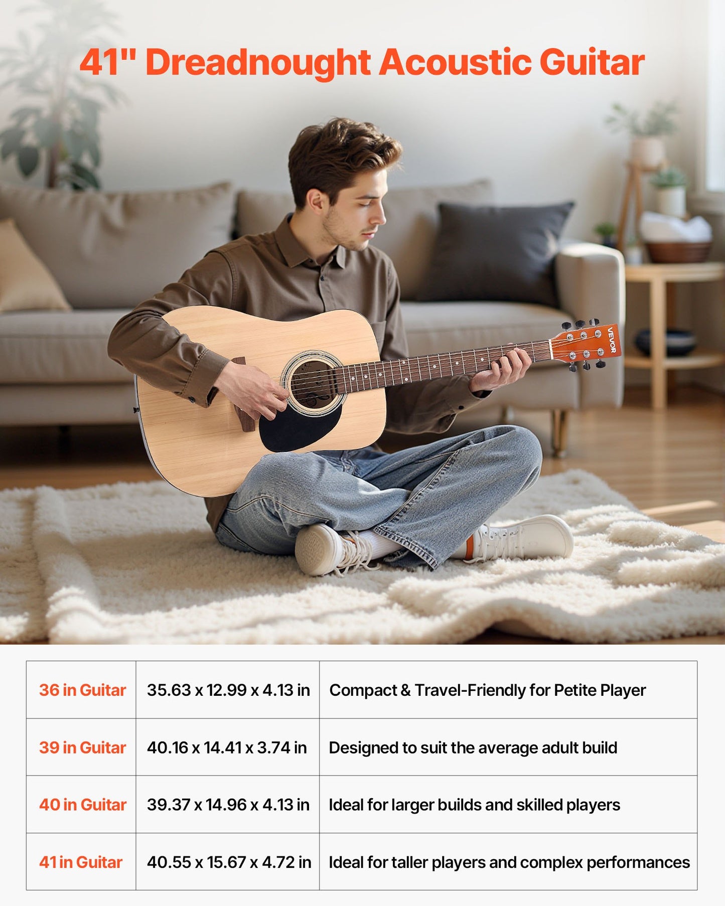 Dreadnought Acoustic Guitar, 41 in, 6-String Natural Solid Spruce Top Guitar, Beginner Bundle with Gig Bag, Tuner, Strap, Strings, Picks, Capo, Rosewood Fingerboard, for Adults Taller Players