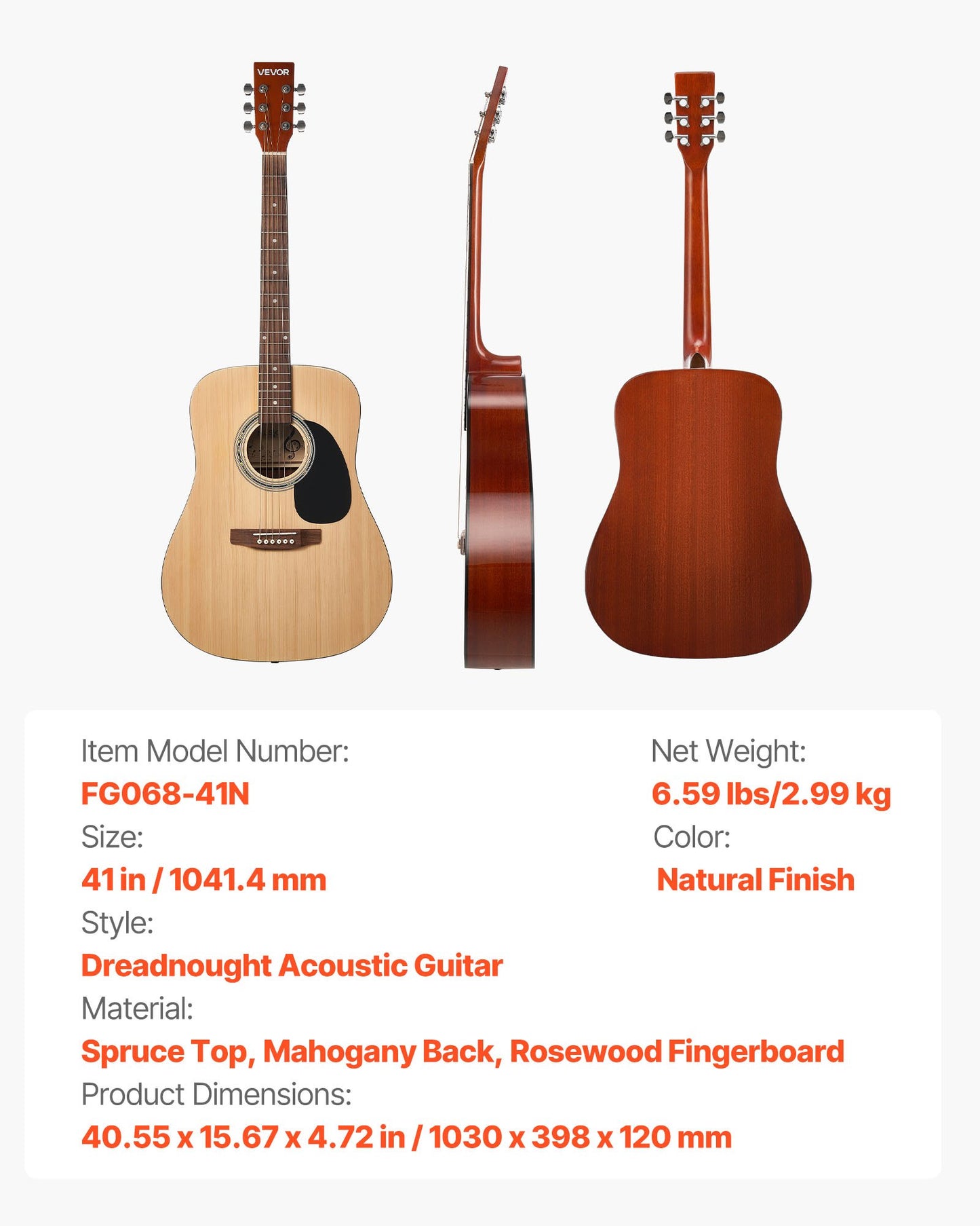 Dreadnought Acoustic Guitar, 41 in, 6-String Natural Solid Spruce Top Guitar, Beginner Bundle with Gig Bag, Tuner, Strap, Strings, Picks, Capo, Rosewood Fingerboard, for Adults Taller Players