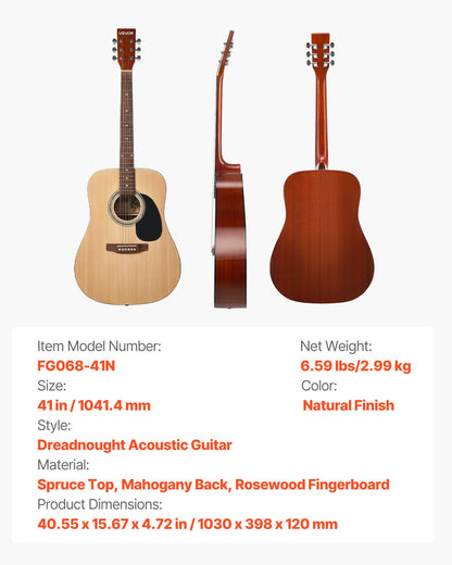 Dreadnought Acoustic Guitar, 41 in, 6-String Natural Solid Spruce Top Guitar, Beginner Bundle with Gig Bag, Tuner, Strap, Strings, Picks, Capo, Rosewood Fingerboard, for Adults Taller Players