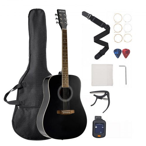 Dreadnought Acoustic Guitar, 41 in, 6-String Black Solid Spruce Top Guitar, Beginner Bundle with Gig Bag, Tuner, Strap, Steel Strings, Picks, Capo, Rosewood Fingerboard, for Adult Taller Player