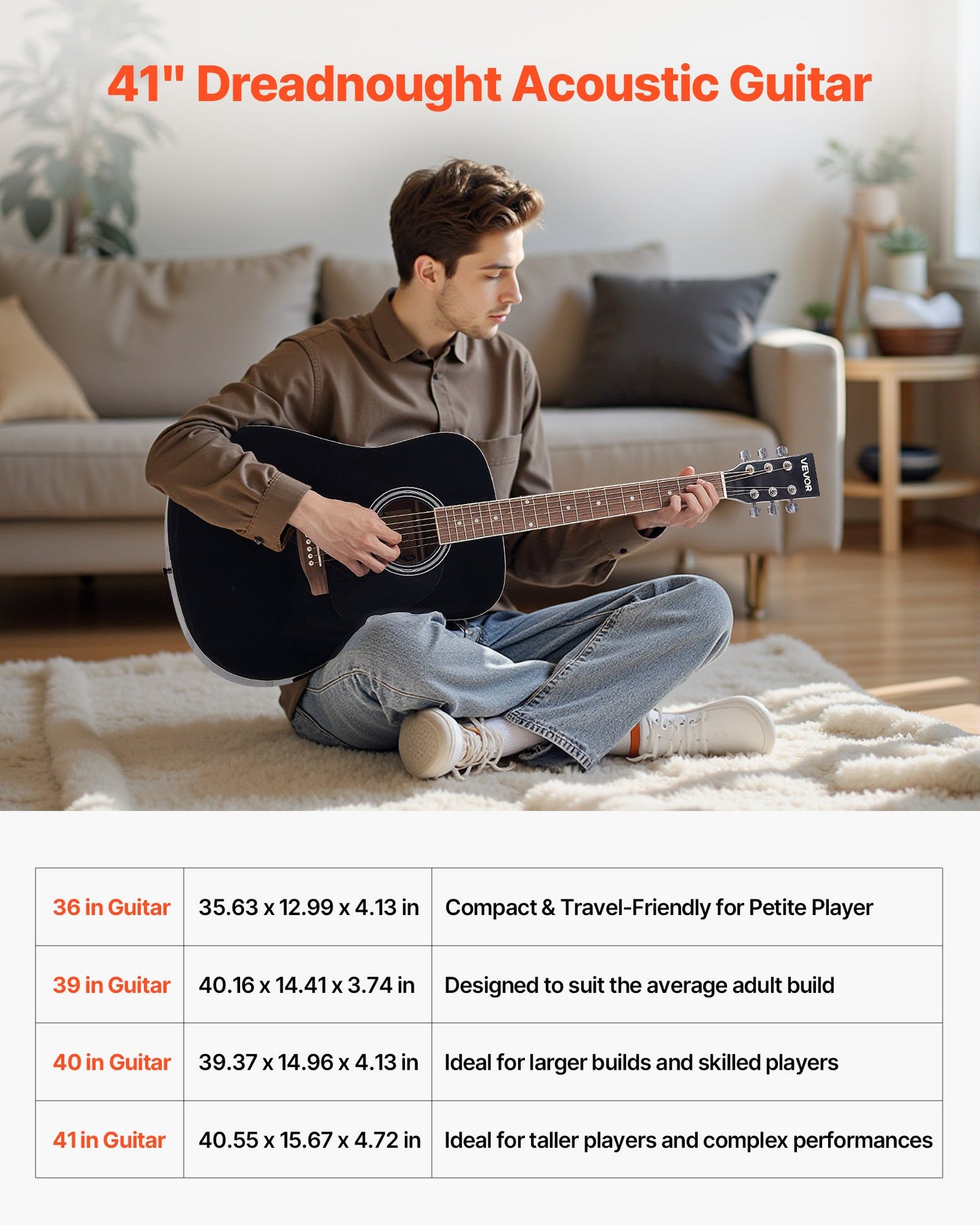 Dreadnought Acoustic Guitar, 41 in, 6-String Black Solid Spruce Top Guitar, Beginner Bundle with Gig Bag, Tuner, Strap, Steel Strings, Picks, Capo, Rosewood Fingerboard, for Adult Taller Player