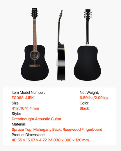Dreadnought Acoustic Guitar, 41 in, 6-String Black Solid Spruce Top Guitar, Beginner Bundle with Gig Bag, Tuner, Strap, Steel Strings, Picks, Capo, Rosewood Fingerboard, for Adult Taller Player