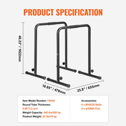 Dip Bars, 440 lbs Capacity, Heave Duty Dip Stand Station with Adjustable Height, Fitness Workout Dip Bar Station Stabilizer Parallette Push Up Stand, Parallel Bars for Strength Training Home Gym