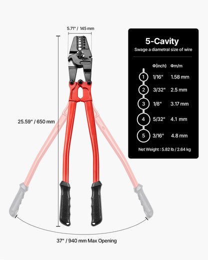 24" Hand Swager Cable Wire Rope Cutter Swage 1/16" 3/32" 1/8" 5/32" 3/16" Aluminum Sleeves Copper