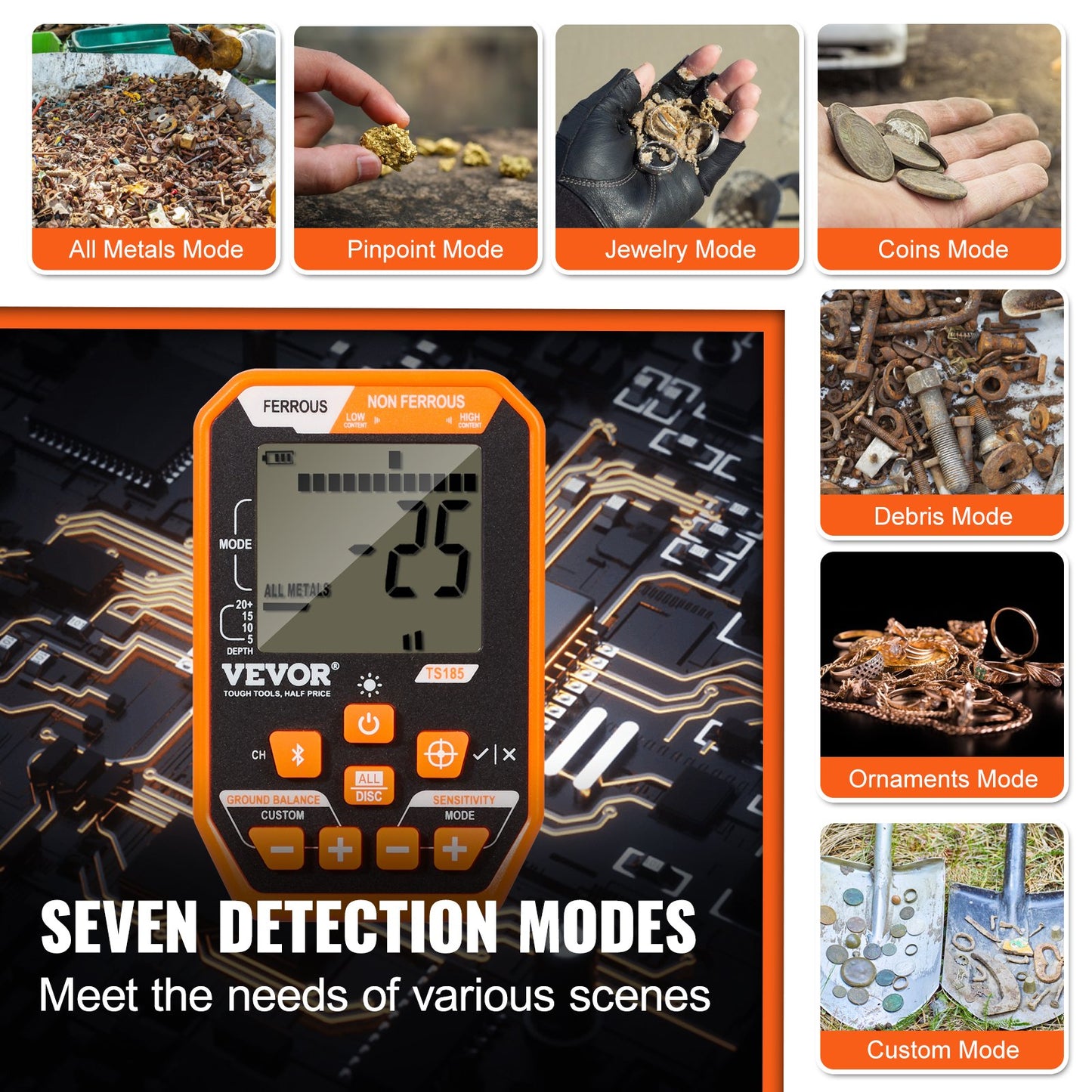 Waterproof Metal Detector, 12" Coil, Professional Rechargeable Gold Detector, 39-50 Inch Adjustable with LCD 7 Modes Advanced DSP Chip Bluetooth Headset, IP68 for Detecting Gold Treasure Hunting