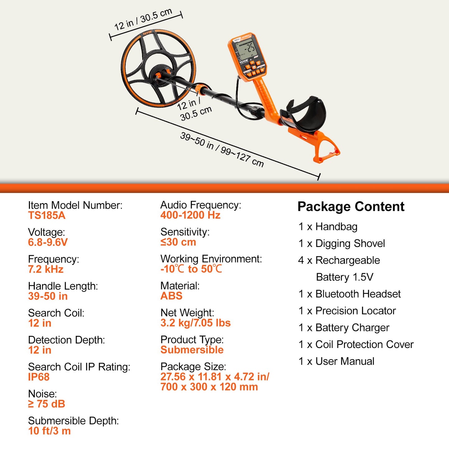 Waterproof Metal Detector, 12" Coil, Professional Rechargeable Gold Detector, 39-50 Inch Adjustable with LCD 7 Modes Advanced DSP Chip Bluetooth Headset, IP68 for Detecting Gold Treasure Hunting