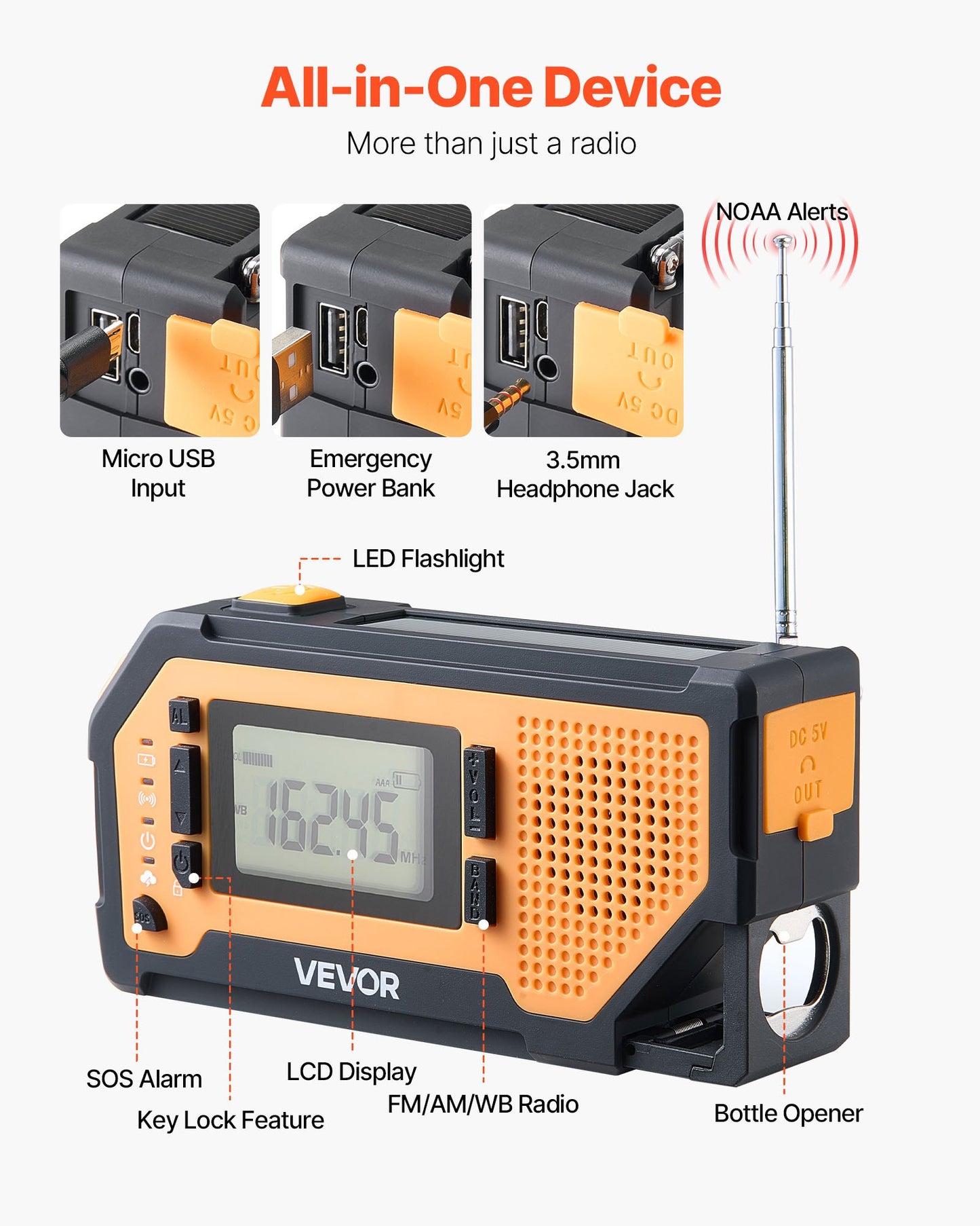 Emergency Weather Radio, 2000mAh Battery, FM/AM/WB/NOAA Alert Solar Hand Crank Emergency Radio, with USB Charging Cable, SOS Alarm and Flashlight, Portable for Outdoor Emergencies, Camping