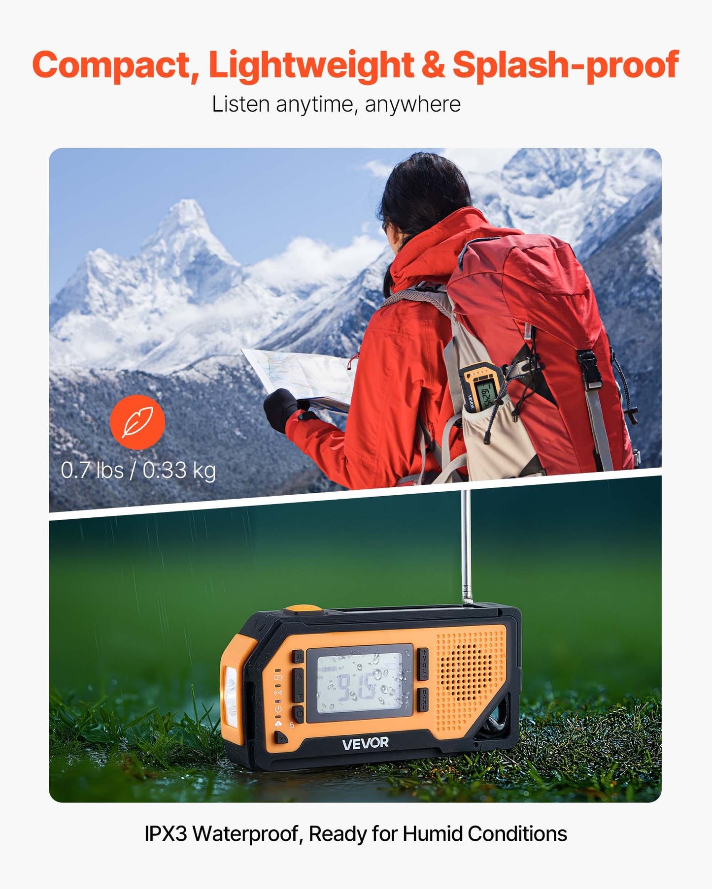 Emergency Weather Radio, 2000mAh Battery, FM/AM/WB/NOAA Alert Solar Hand Crank Emergency Radio, with USB Charging Cable, SOS Alarm and Flashlight, Portable for Outdoor Emergencies, Camping