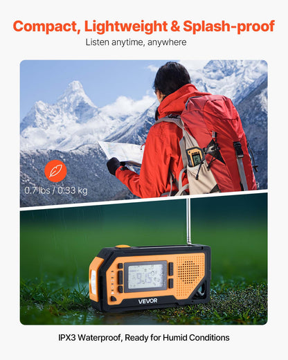 Emergency Weather Radio, 2000mAh Battery, FM/AM/WB/NOAA Alert Solar Hand Crank Emergency Radio, with USB Charging Cable, SOS Alarm and Flashlight, Portable for Outdoor Emergencies, Camping