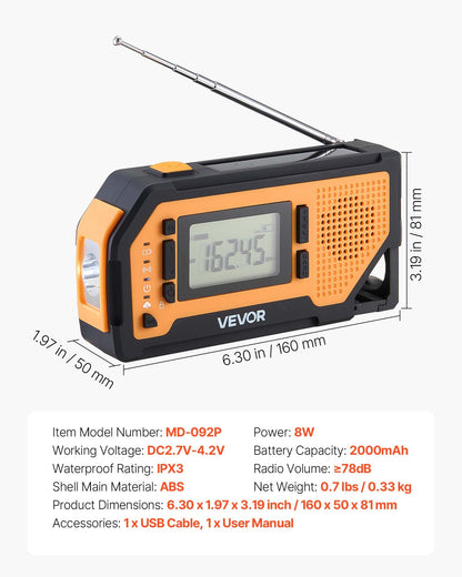 Emergency Weather Radio, 2000mAh Battery, FM/AM/WB/NOAA Alert Solar Hand Crank Emergency Radio, with USB Charging Cable, SOS Alarm and Flashlight, Portable for Outdoor Emergencies, Camping