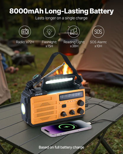Emergency Weather Radio, 8000mAh Battery, FM/AM/WB/NOAA Alert Solar Hand Crank Emergency Radio, Type-C Charging, USB Cable, SOS Alarm and Flashlight, Portable for Outdoor Emergencies, Camping