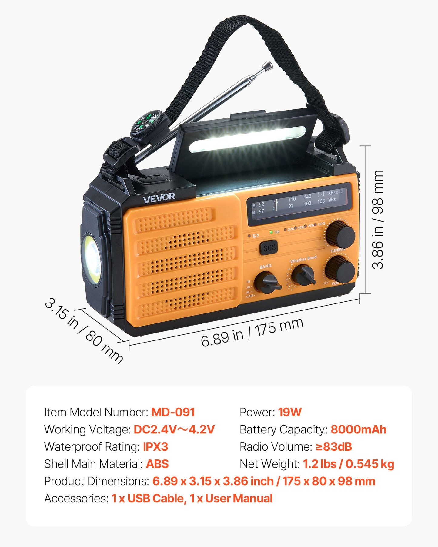 Emergency Weather Radio, 8000mAh Battery, FM/AM/WB/NOAA Alert Solar Hand Crank Emergency Radio, Type-C Charging, USB Cable, SOS Alarm and Flashlight, Portable for Outdoor Emergencies, Camping
