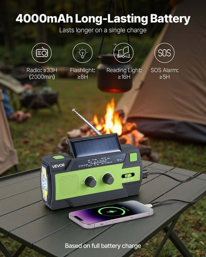 Emergency Weather Radio, 4000mAh Battery, FM/AM/WB/NOAA Alert Solar Hand Crank Emergency Radio, with USB Charging Cable, SOS Alarm and Flashlight, Portable for Outdoor Emergencies, Camping