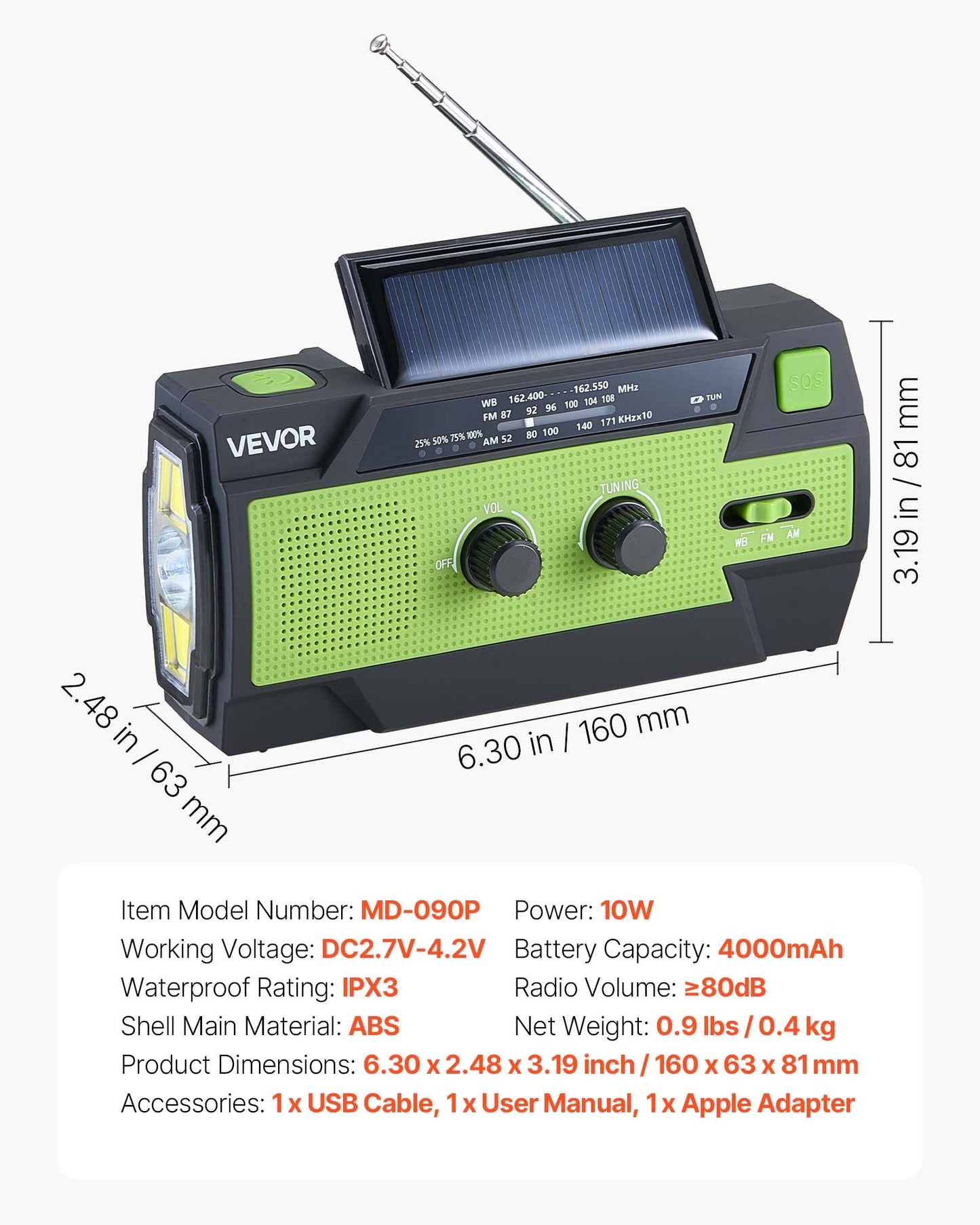 Emergency Weather Radio, 4000mAh Battery, FM/AM/WB/NOAA Alert Solar Hand Crank Emergency Radio, with USB Charging Cable, SOS Alarm and Flashlight, Portable for Outdoor Emergencies, Camping