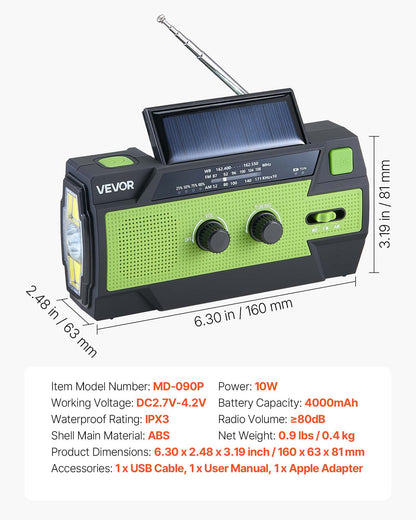 Emergency Weather Radio, 4000mAh Battery, FM/AM/WB/NOAA Alert Solar Hand Crank Emergency Radio, with USB Charging Cable, SOS Alarm and Flashlight, Portable for Outdoor Emergencies, Camping