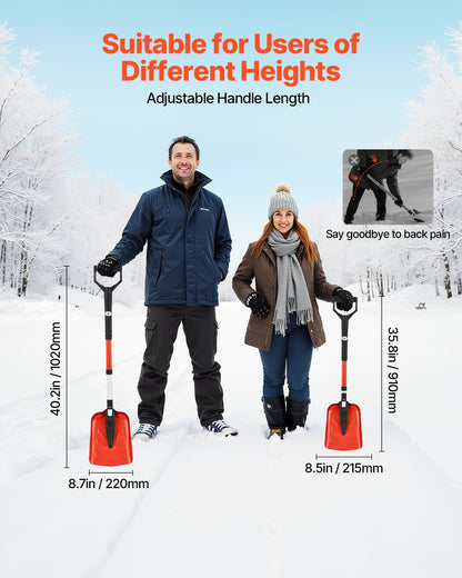 Snow Shovel for Driveway, 9 in Foldable Snow Shovel with D-shaped Handle, , 36-40 in Adjustable, Lightweight Aluminum Alloy Snows Removal Tool, Reduce Back Strains for Garden Car Camping
