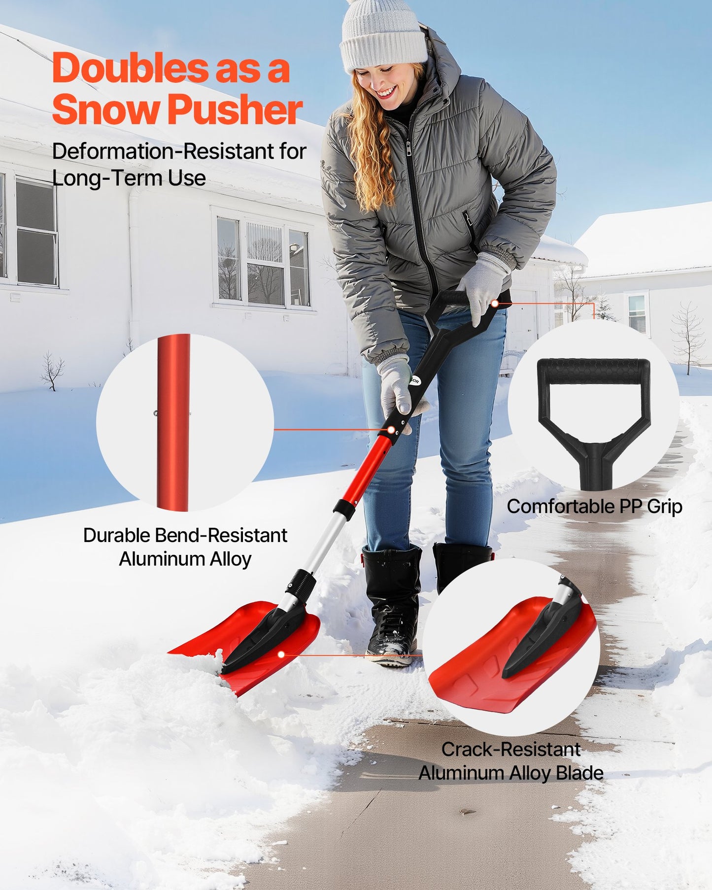 Snow Shovel for Driveway, 9 in Foldable Snow Shovel with D-shaped Handle, , 36-40 in Adjustable, Lightweight Aluminum Alloy Snows Removal Tool, Reduce Back Strains for Garden Car Camping