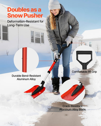 Snow Shovel for Driveway, 9 in Foldable Snow Shovel with D-shaped Handle, , 36-40 in Adjustable, Lightweight Aluminum Alloy Snows Removal Tool, Reduce Back Strains for Garden Car Camping