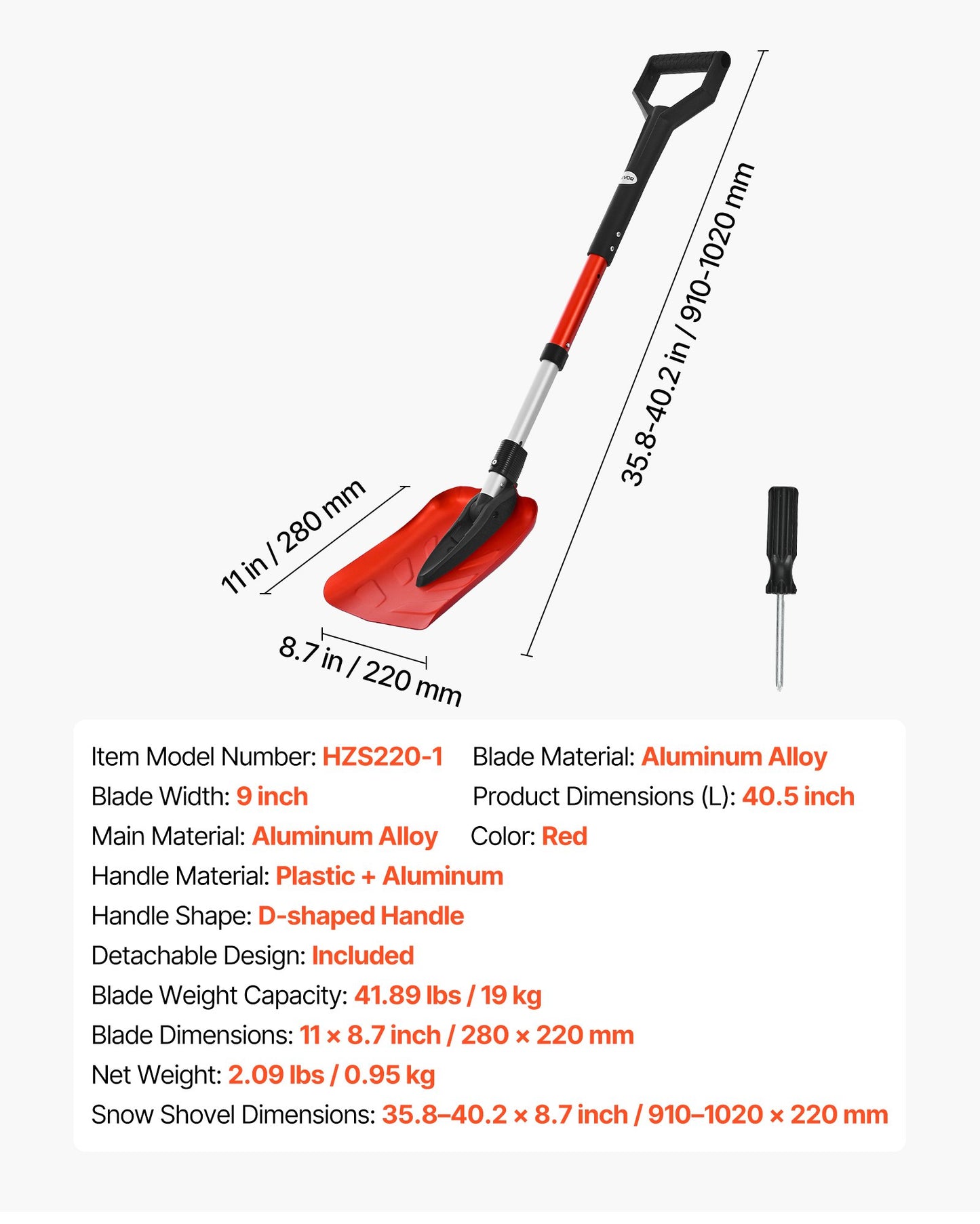 Snow Shovel for Driveway, 9 in Foldable Snow Shovel with D-shaped Handle, , 36-40 in Adjustable, Lightweight Aluminum Alloy Snows Removal Tool, Reduce Back Strains for Garden Car Camping