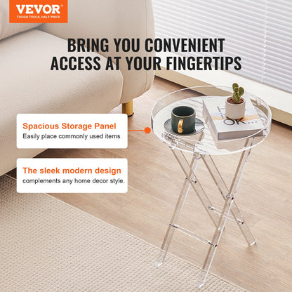 Hopfällbart brickbord i akryl, ändbord i akryl med fällbart X-ben, sidobord i genomskinlig akryl för kaffe, dryck, mat, mellanmål som används i vardagsrum, sovrum och arbetsrum