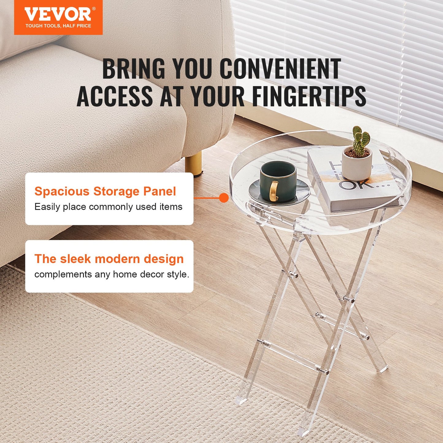 Acrylic Folding Tray Table, Acrylic End Table with Folding X Leg, Clear Acrylic Side Table for Coffee, Drink, Food, Snack used in Living Room, Bedroom, and Study