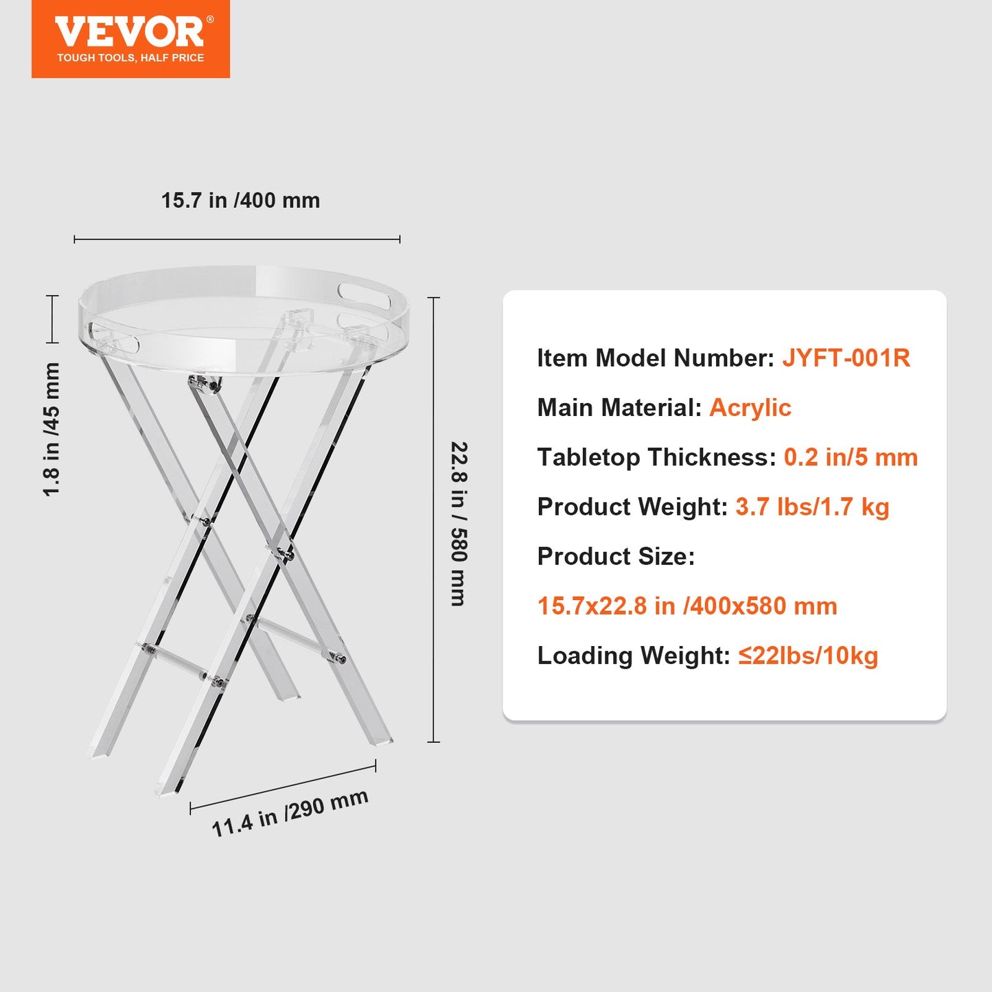 Acrylic Folding Tray Table, Acrylic End Table with Folding X Leg, Clear Acrylic Side Table for Coffee, Drink, Food, Snack used in Living Room, Bedroom, and Study