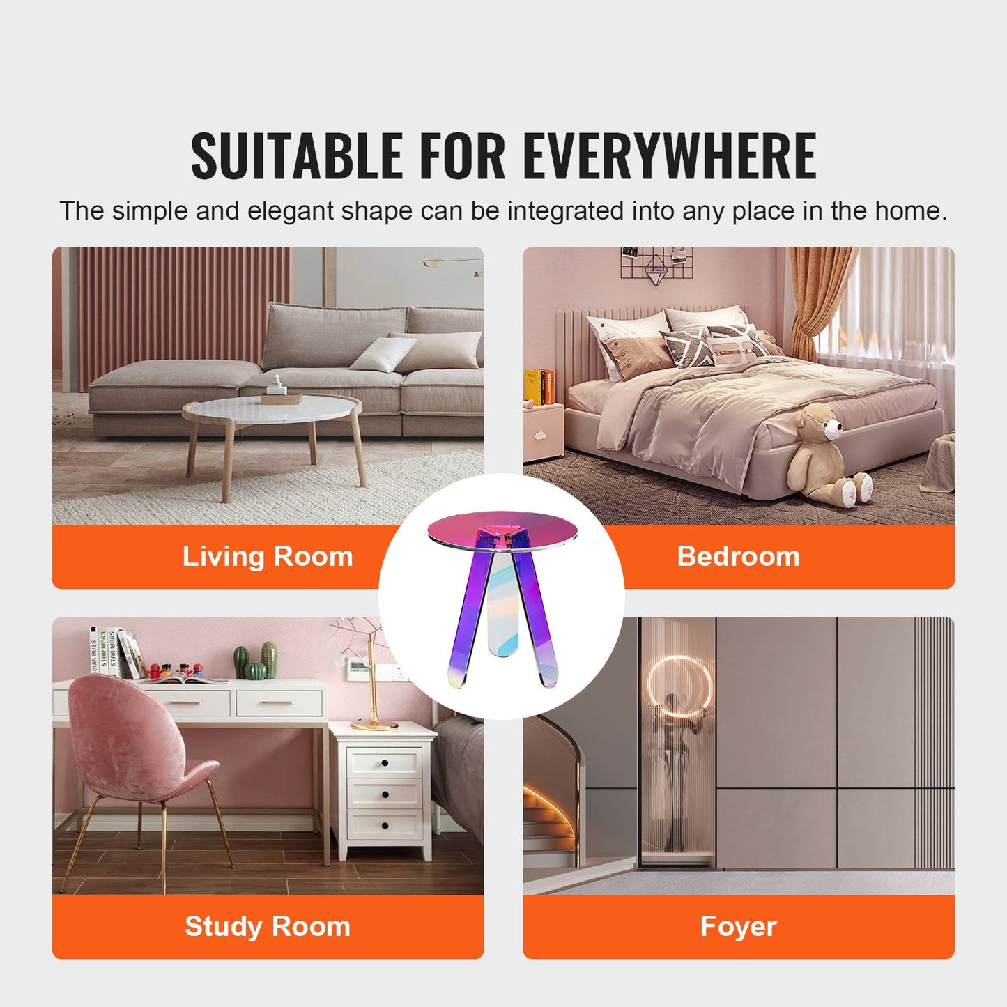 Runt iriserande sidobord, Ändbord i akryl, Klart regnbågssoffbord i akryl för dryck, mat, mellanmål som används i vardagsrum, sovrum och arbetsrum